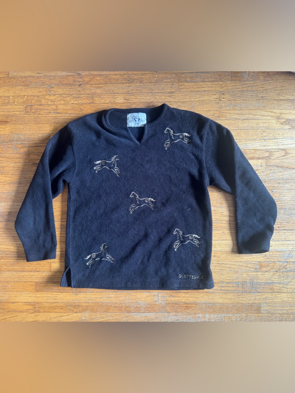 Black Embroidered Horse V-Notch Pullover Sweatshirt